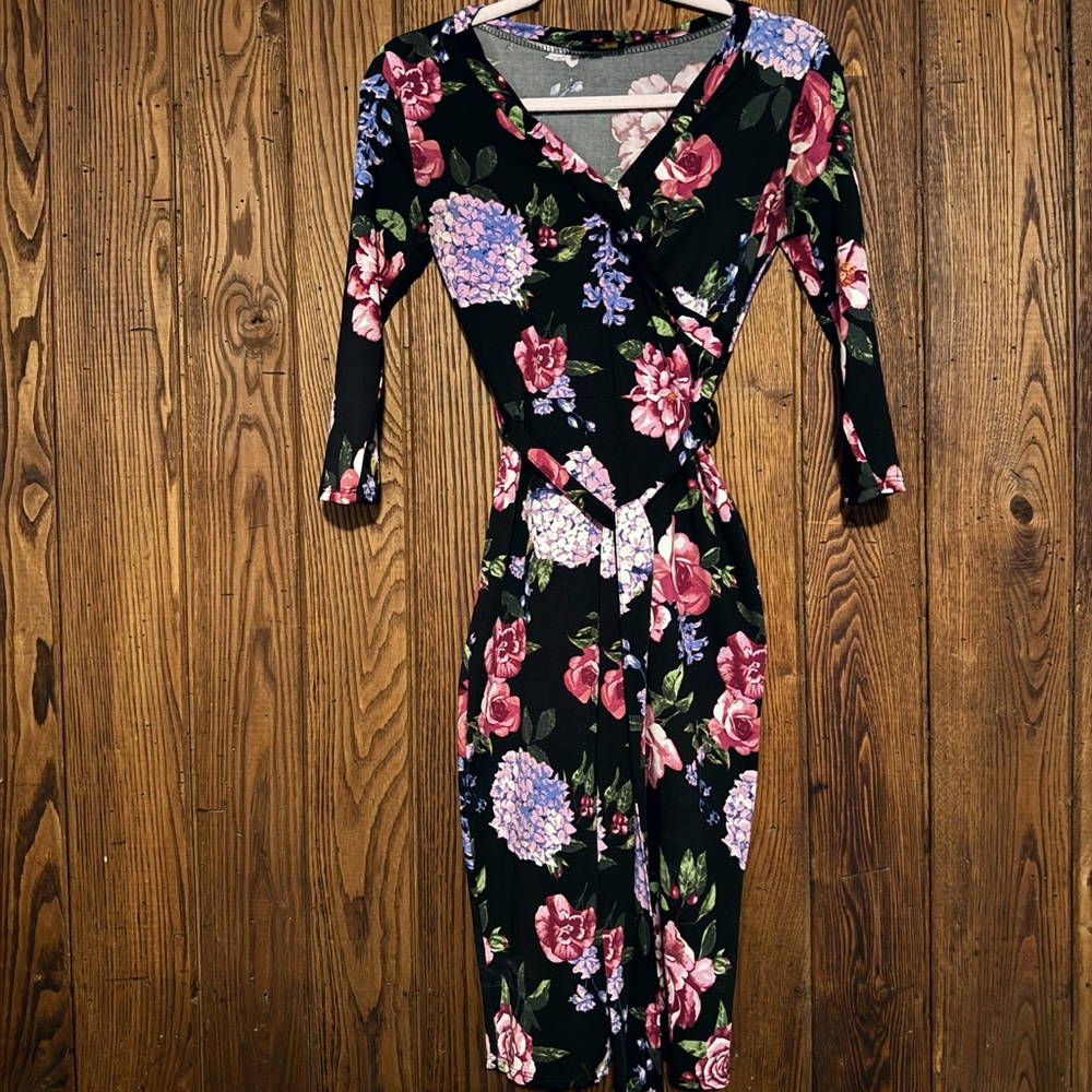 Black Floral Dress with Pink & Purple Blooms